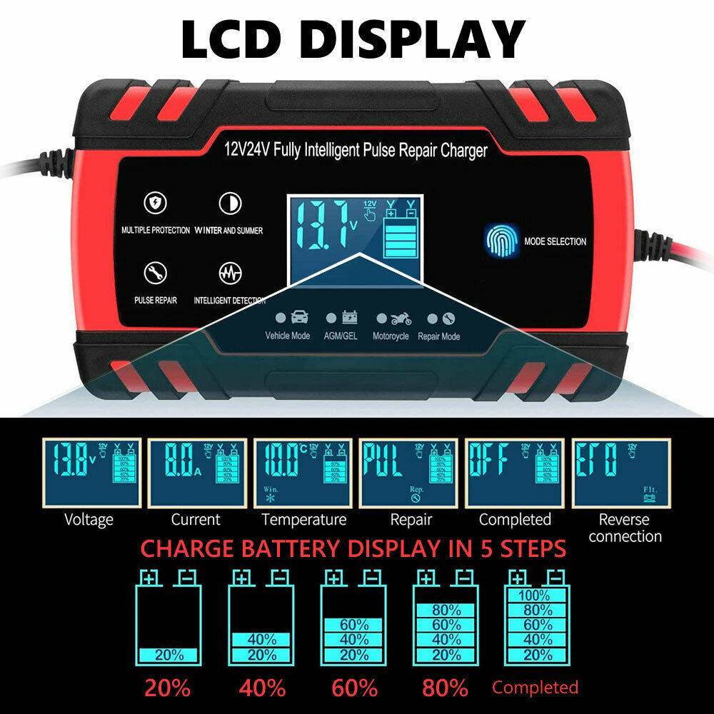 12V-24V Smart Pulse Trickle Battery Charger for Car, Boat, Motorcycle