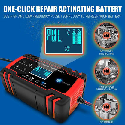 12V-24V Smart Pulse Trickle Battery Charger for Car, Boat, Motorcycle