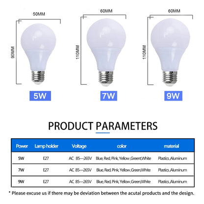 Colorful LED Bulb E27 – 3W-12W, Red, Blue, Green, Yellow, Pink, for KTV, Party & Home Decor