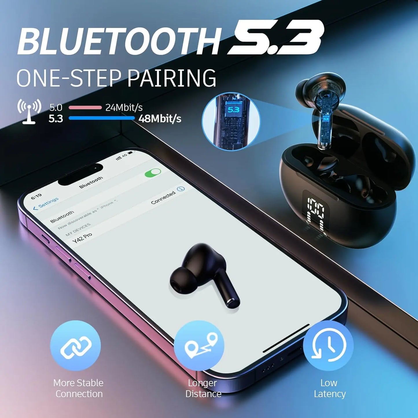 Bluetooth 5.3 Wireless Earbuds with 60H Playback, Mic & Noise Cancellation