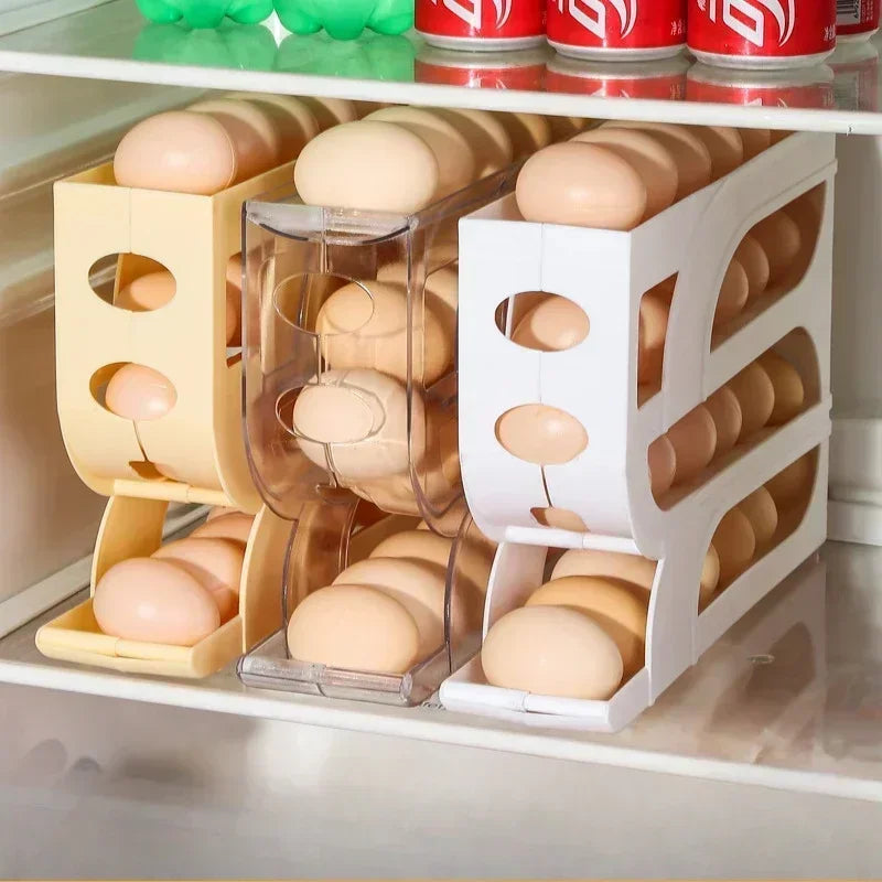 3/4-Layer Rolling Egg Storage Box – Automatic Slide Rack for Refrigerator Side Door