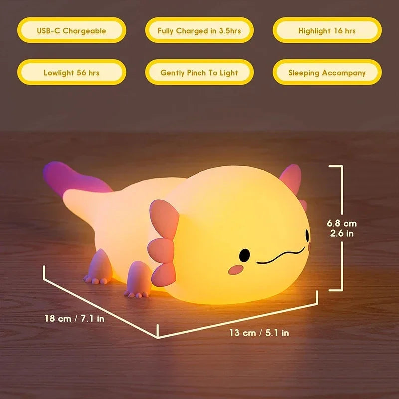 Cute Axolotl Night Light – Soft Silicone, Touch Control, USB Rechargeable Nursery Lamp