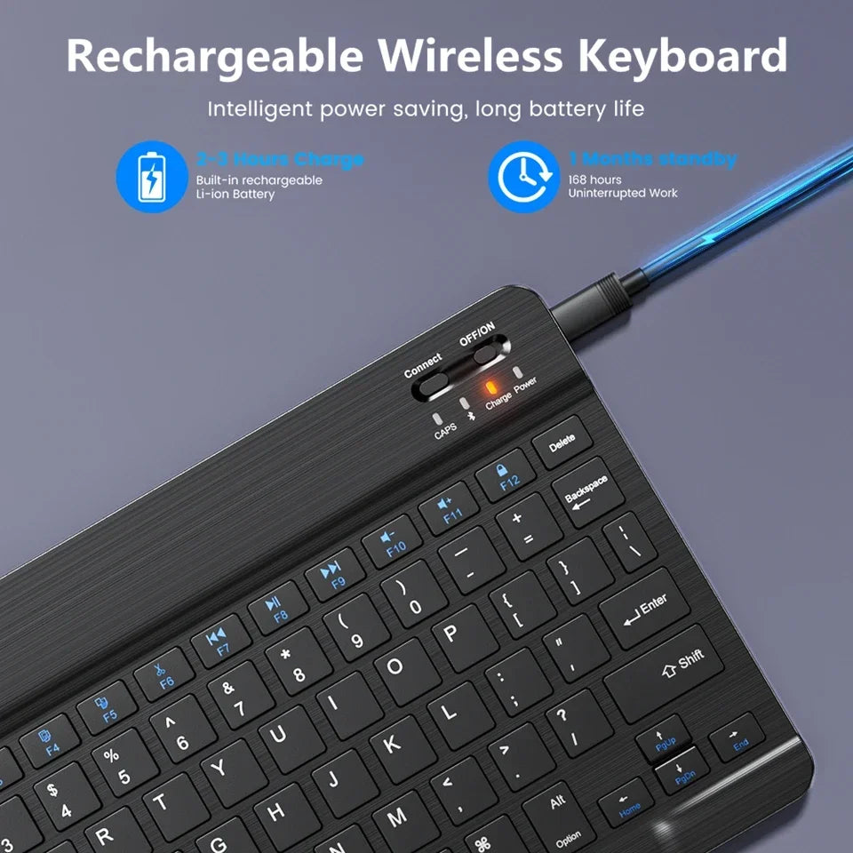 10-inch Bluetooth Wireless Keyboard for Mobile & Tablet, Rechargeable, Multi-language Support