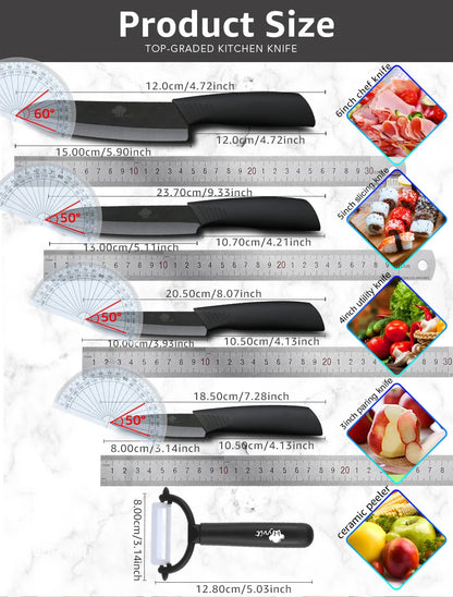 Set of Ceramic Kitchen Knives (3-6 inches) with Zirconia Blade