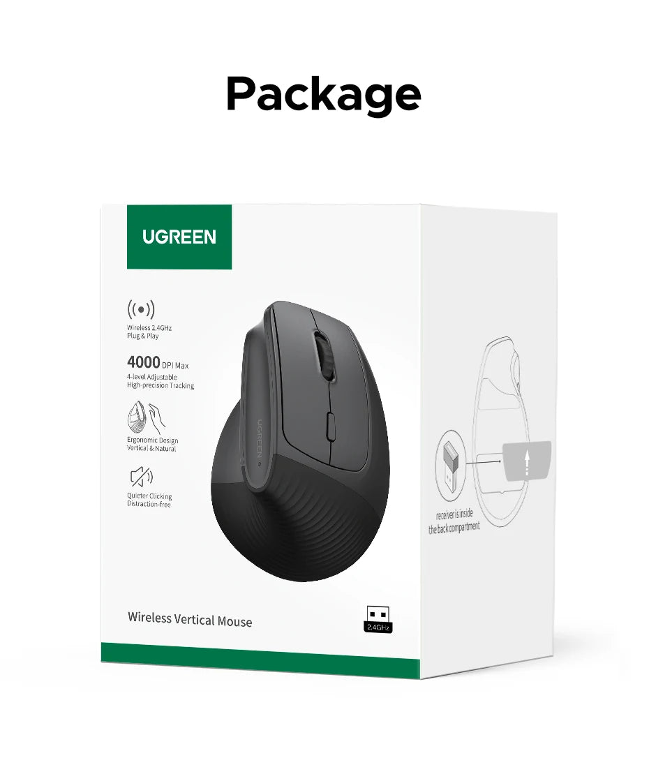 UGREEN Ergonomic Wireless Mouse – 2.4G, 4000DPI, Silent Buttons for PC & Mac