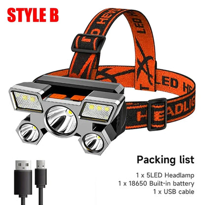 USB Rechargeable 5-LED Headlamp for Outdoor Use