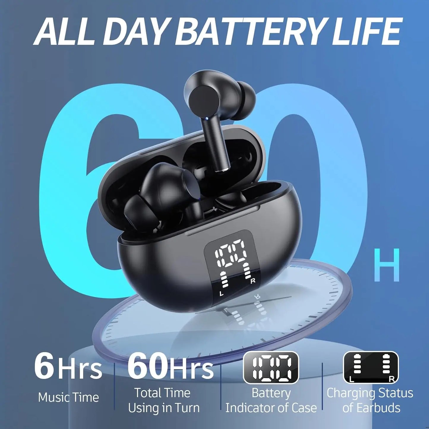 Bluetooth 5.3 Wireless Earbuds with 60H Playback, Mic & Noise Cancellation