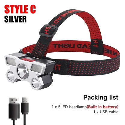 USB Rechargeable 5-LED Headlamp for Outdoor Use