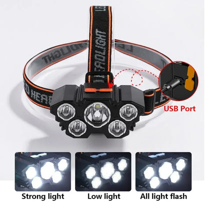 USB Rechargeable 5-LED Headlamp for Outdoor Use