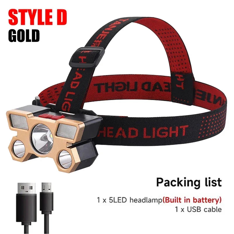 USB Rechargeable 5-LED Headlamp for Outdoor Use