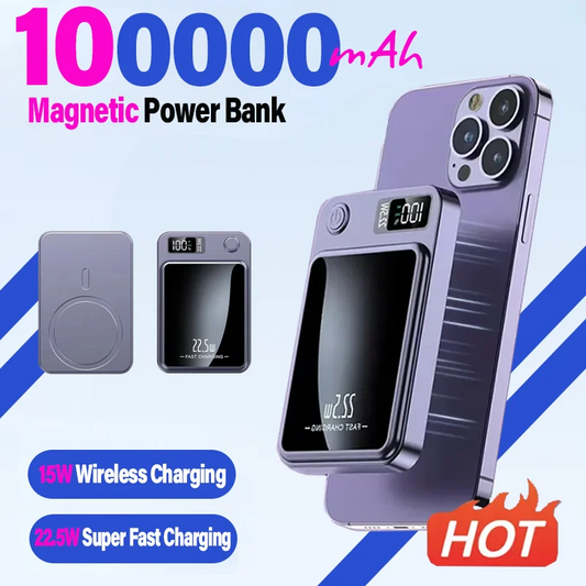 100000mAh Magnetic Wireless Power Bank, 22.5W Fast Charging for iPhone, Samsung, Xiaomi