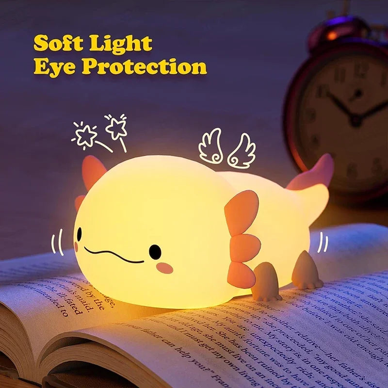 Cute Axolotl Night Light – Soft Silicone, Touch Control, USB Rechargeable Nursery Lamp