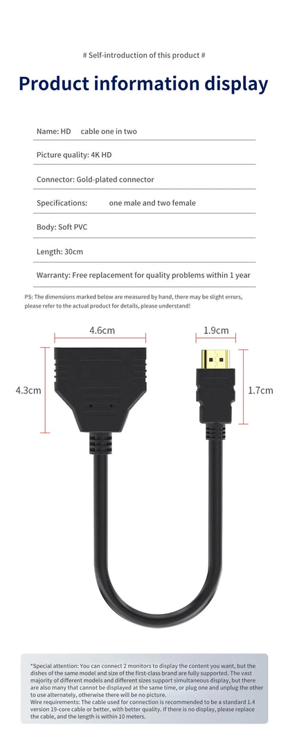 HDMI 1080P 2-Port Y Splitter 1 In 2 Out Adapter