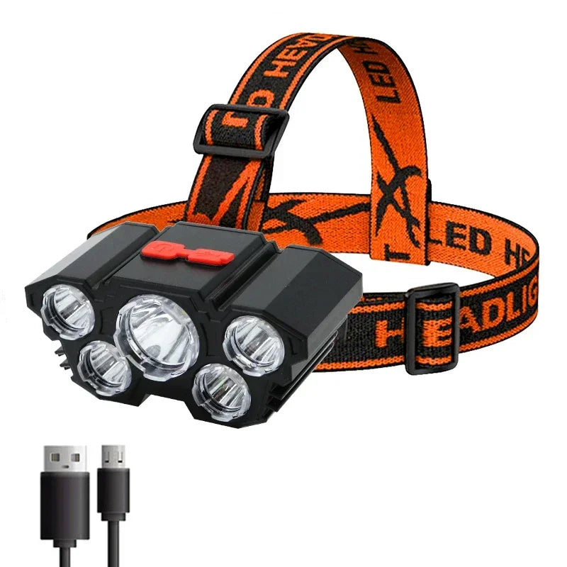 USB Rechargeable 5-LED Headlamp for Outdoor Use