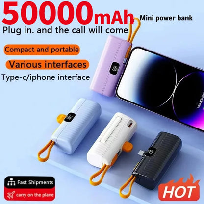 50,000mAh Mini Power Bank with Built-in Cable – Portable Charger for iPhone & Samsung