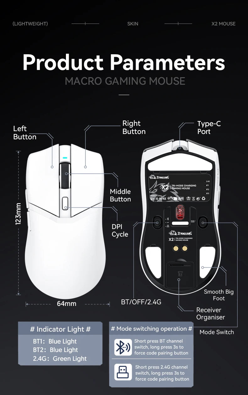 X2 Wireless RGB Gaming Mouse – 24000DPI, Tri-Mode, Magnetic Charger