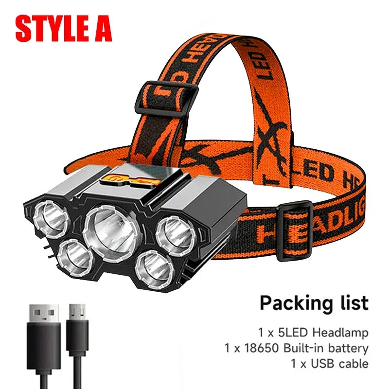 USB Rechargeable 5-LED Headlamp for Outdoor Use