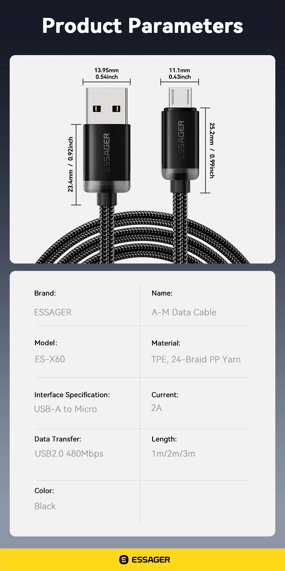 Essager 3M Micro USB Cable – 2A Fast Charging for Xiaomi, Samsung & More