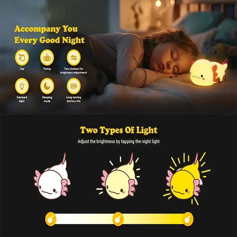 Cute Axolotl Night Light – Soft Silicone, Touch Control, USB Rechargeable Nursery Lamp