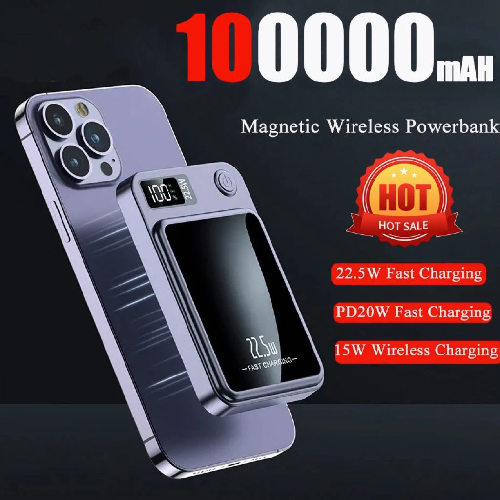 100000mAh Magnetic Wireless Power Bank, 22.5W Fast Charging for iPhone, Samsung, Xiaomi