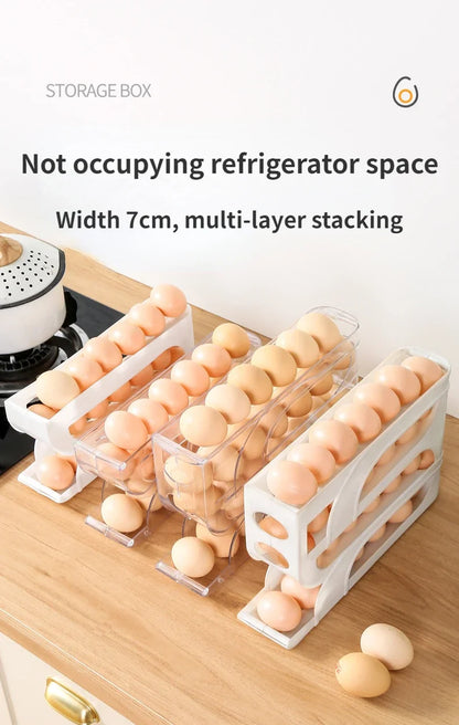 3/4-Layer Rolling Egg Storage Box – Automatic Slide Rack for Refrigerator Side Door