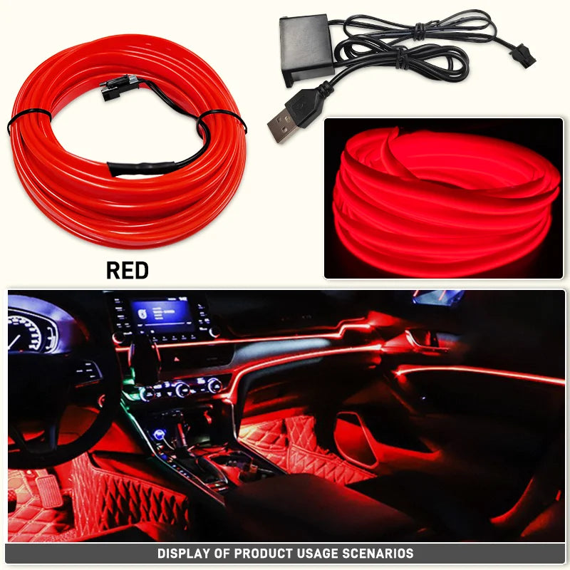 3M Car LED Neon Strip – USB Ambient Light for DIY Auto Decor