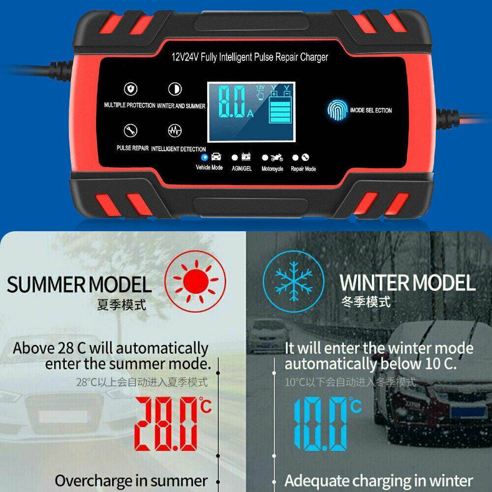 12V-24V Smart Pulse Trickle Battery Charger for Car, Boat, Motorcycle